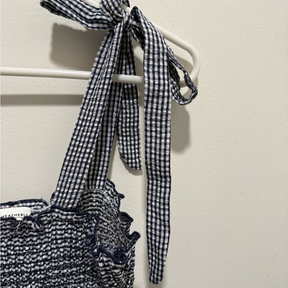 Heathery Navy Blue Gingham Smocked Tiered Sundress Size MP - Picture 3 of 7